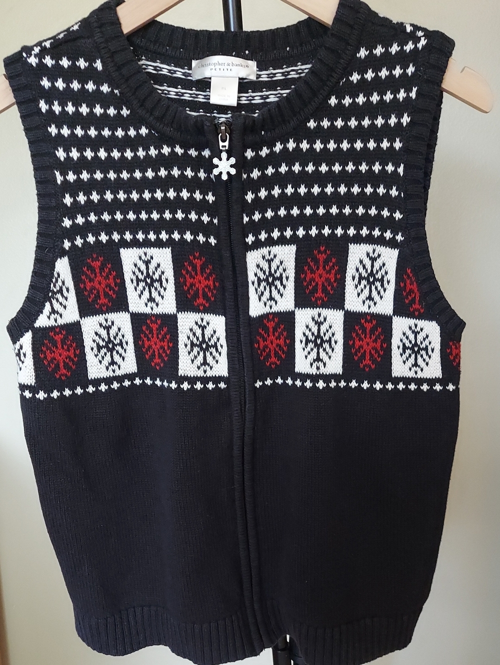 Christopher & Banks Sz P/L  Zip-Front Snowflake Sweater Vest - Black/White/Red